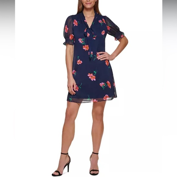 DKNY Party Floral Navy and Pink Flower Bow neck Ruffle Sheer Sleeves Mini Dress - Picture 1 of 16